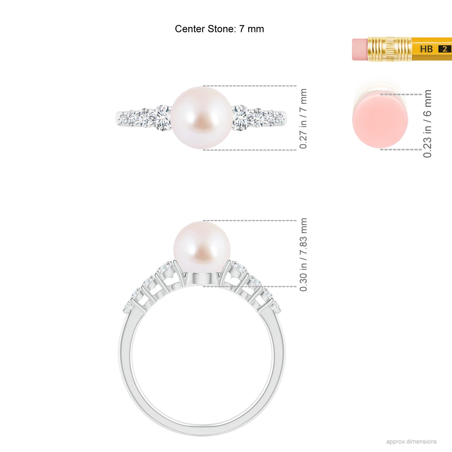 7mm AAA Japanese Akoya Pearl Ring with Graduated Diamonds in White Gold - ruler