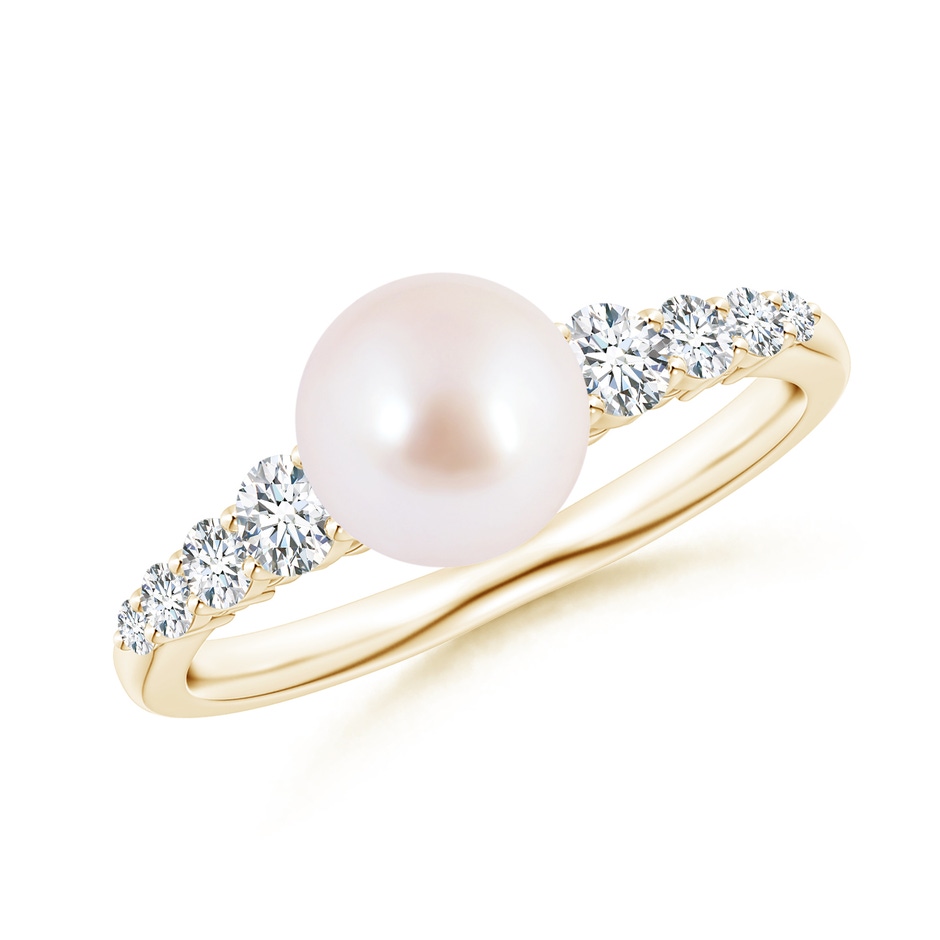 7mm AAA Japanese Akoya Pearl Ring with Graduated Diamonds in Yellow Gold 