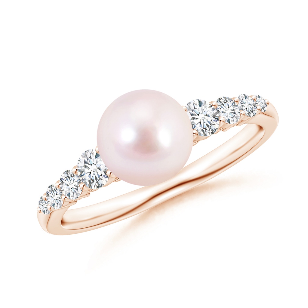 7mm AAAA Japanese Akoya Pearl Ring with Graduated Diamonds in Rose Gold