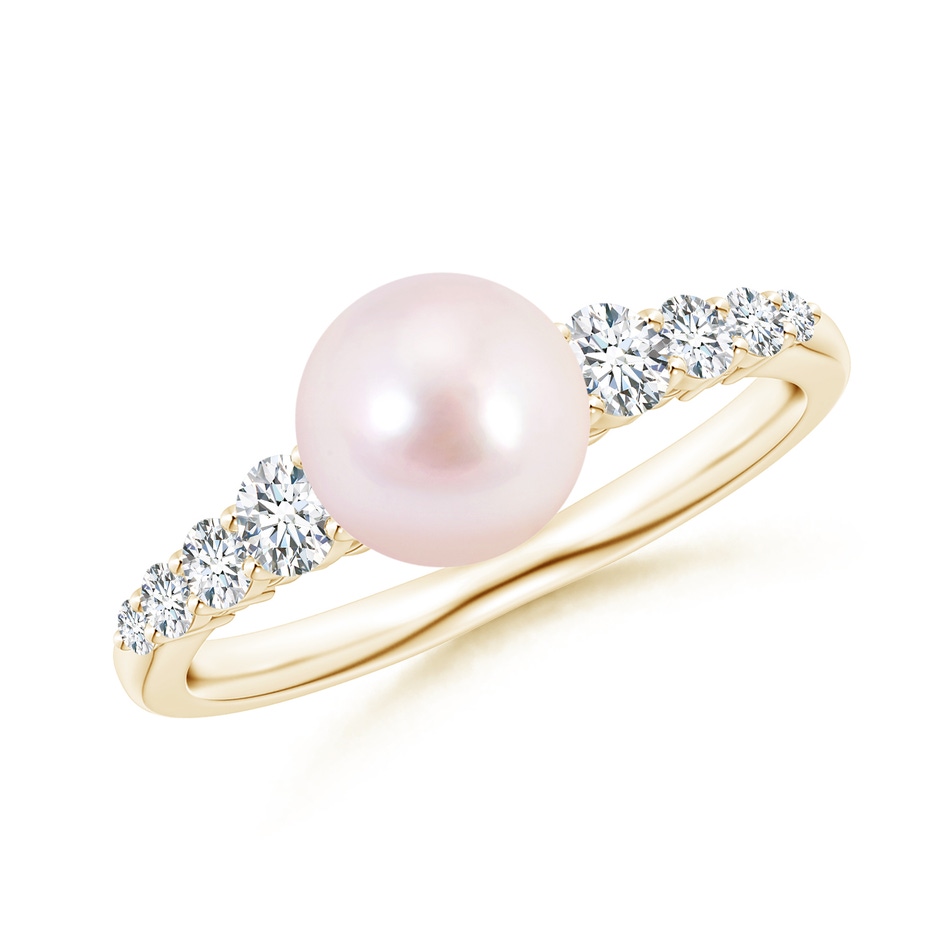 7mm AAAA Japanese Akoya Pearl Ring with Graduated Diamonds in Yellow Gold 