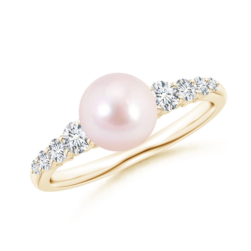 7mm AAAA Japanese Akoya Pearl Ring with Graduated Diamonds in Yellow Gold