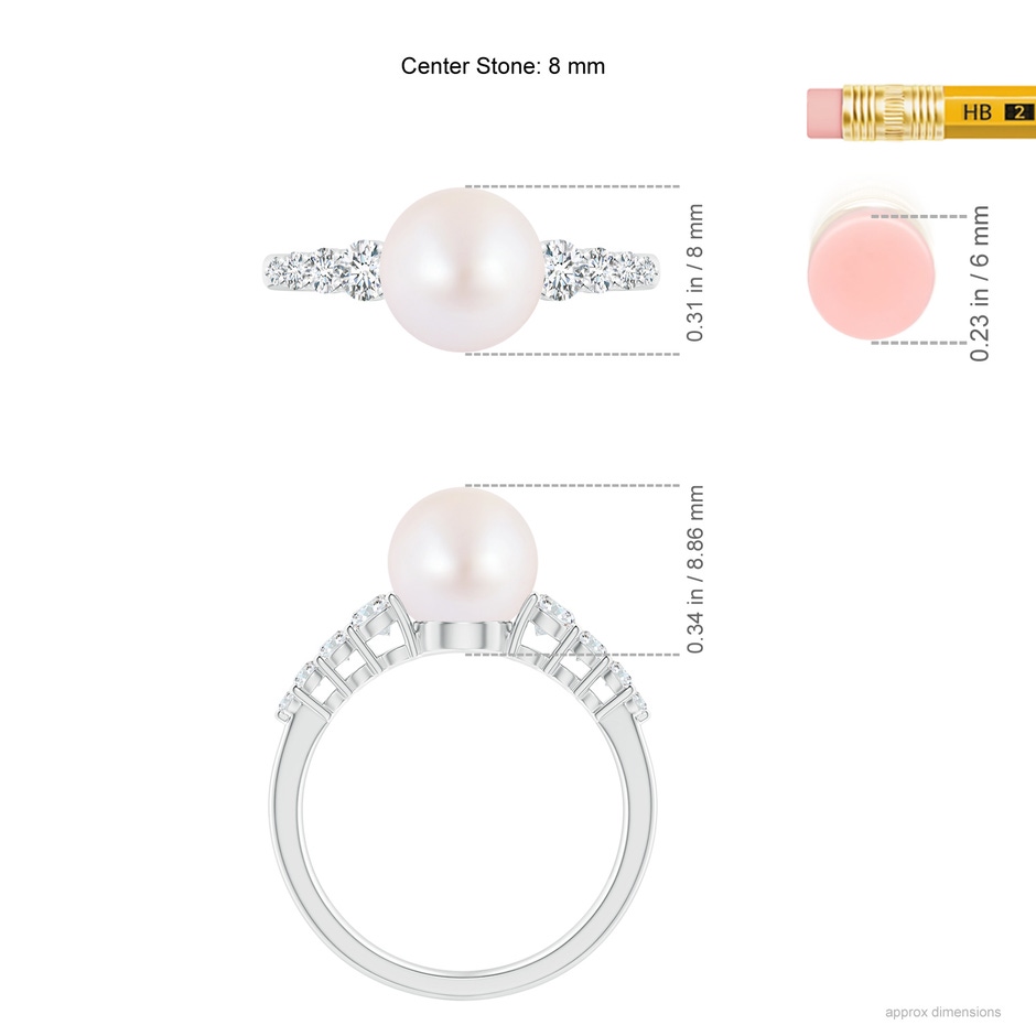8mm AA Japanese Akoya Pearl Ring with Graduated Diamonds in White Gold ruler