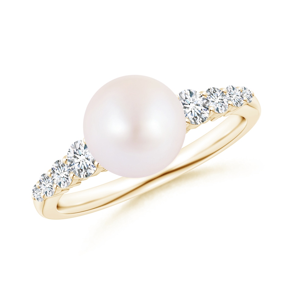 8mm AA Japanese Akoya Pearl Ring with Graduated Diamonds in Yellow Gold 