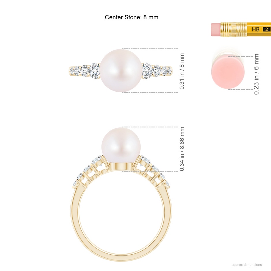8mm AA Japanese Akoya Pearl Ring with Graduated Diamonds in Yellow Gold ruler