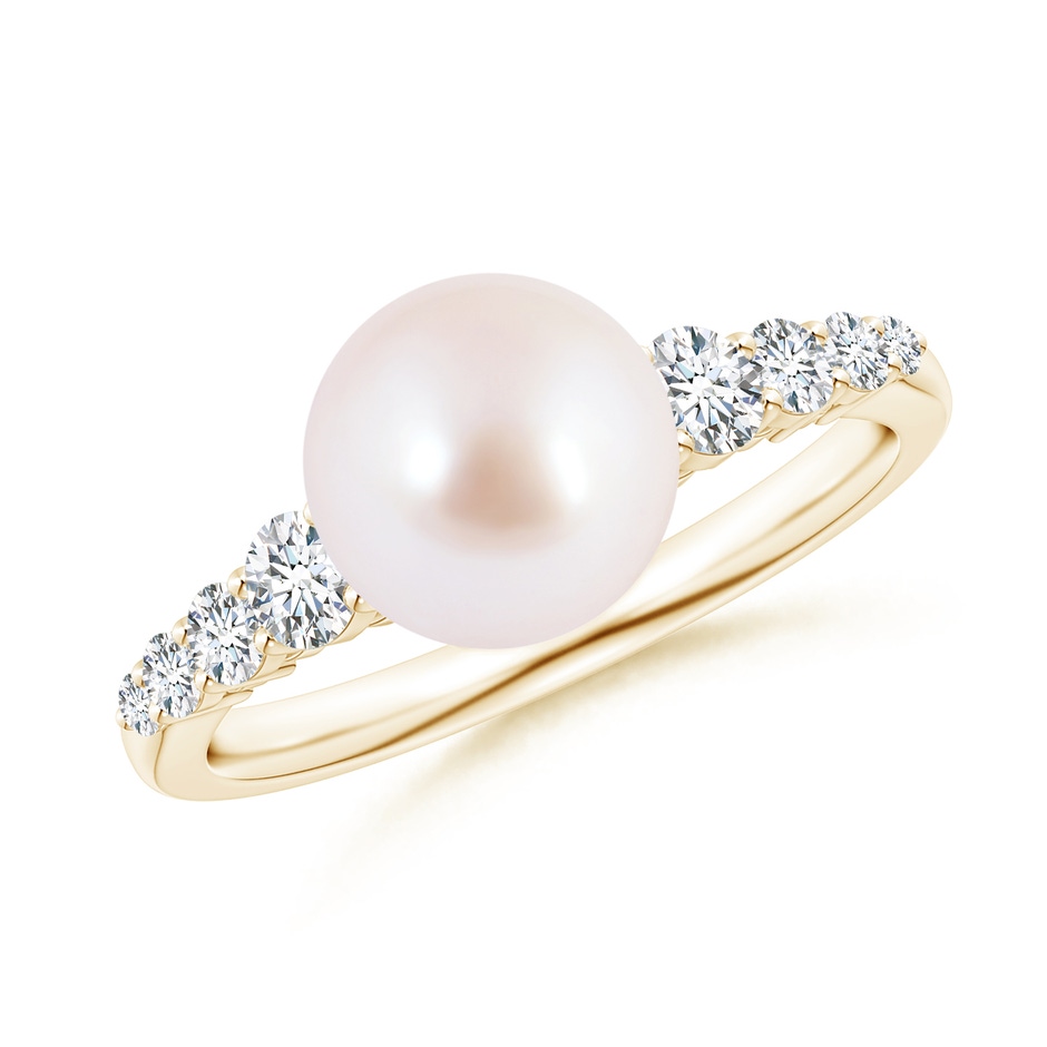 8mm AAA Japanese Akoya Pearl Ring with Graduated Diamonds in Yellow Gold 