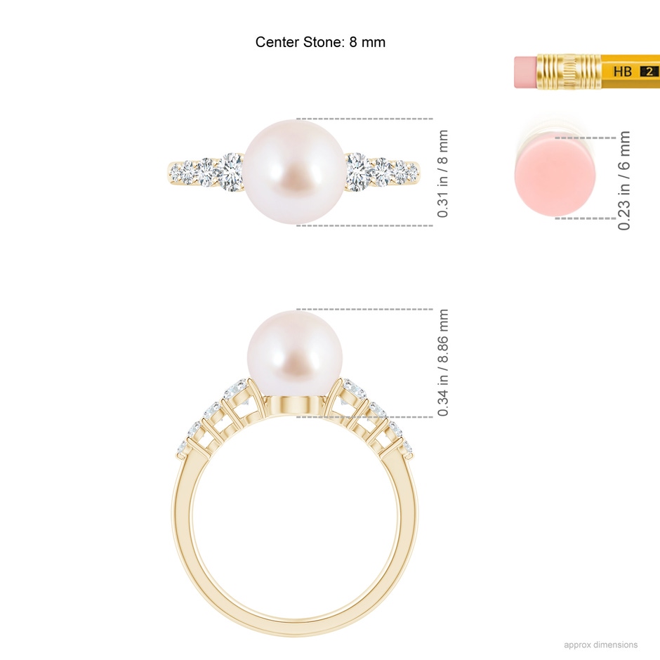 8mm AAA Japanese Akoya Pearl Ring with Graduated Diamonds in Yellow Gold ruler