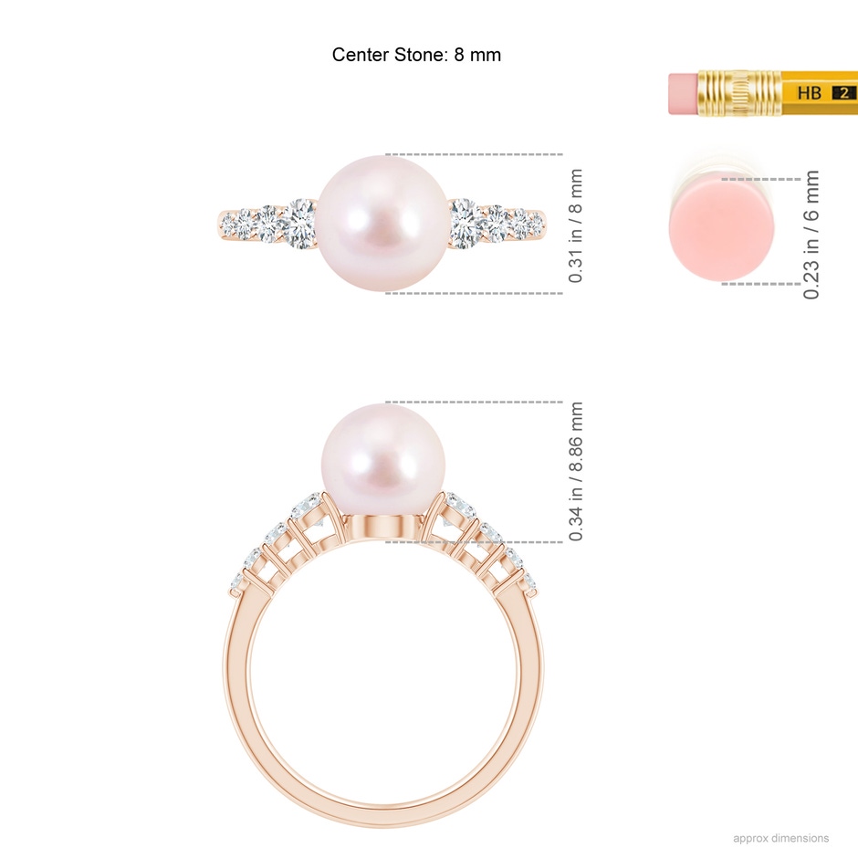 8mm AAAA Japanese Akoya Pearl Ring with Graduated Diamonds in Rose Gold ruler