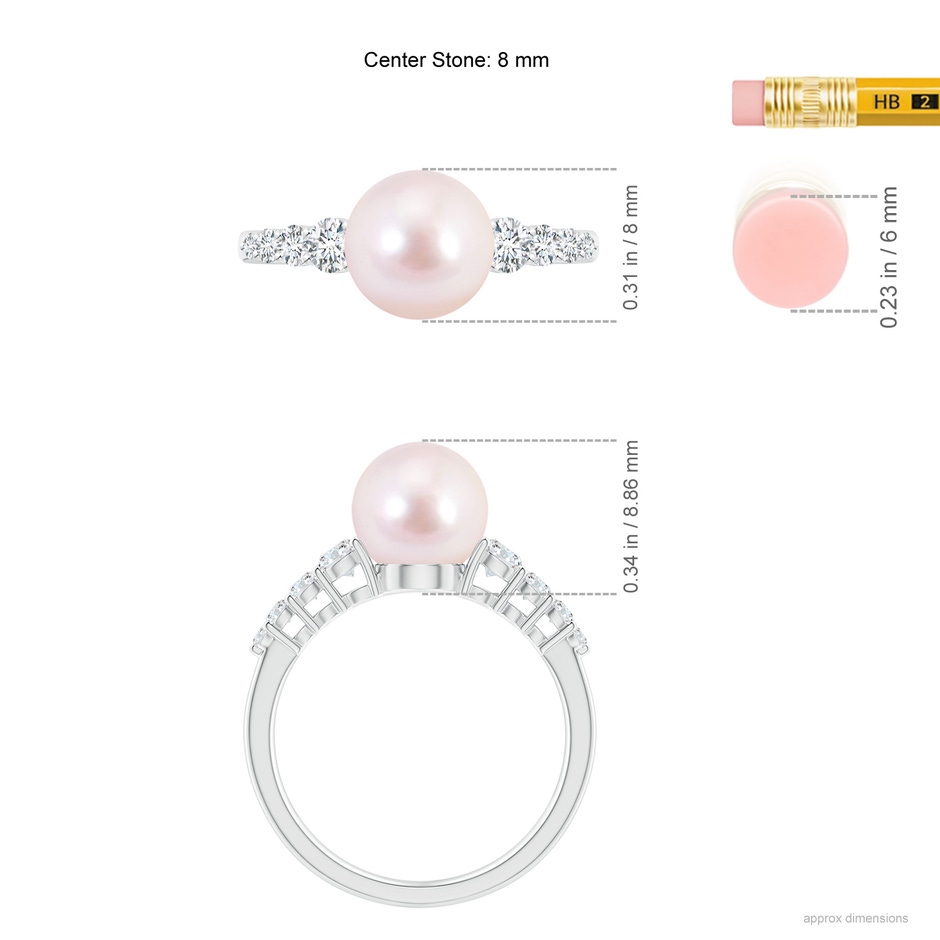 8mm AAAA Japanese Akoya Pearl Ring with Graduated Diamonds in White Gold ruler