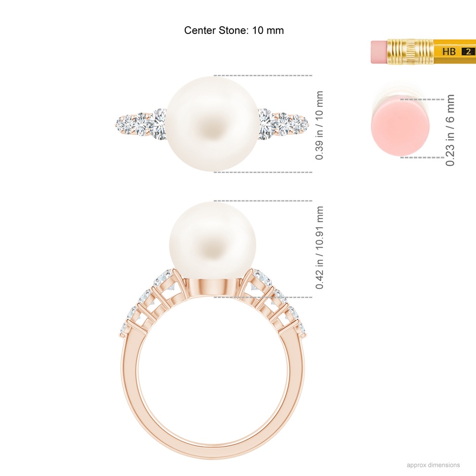 10mm AA Freshwater Pearl Ring with Graduated Diamonds in Rose Gold ruler