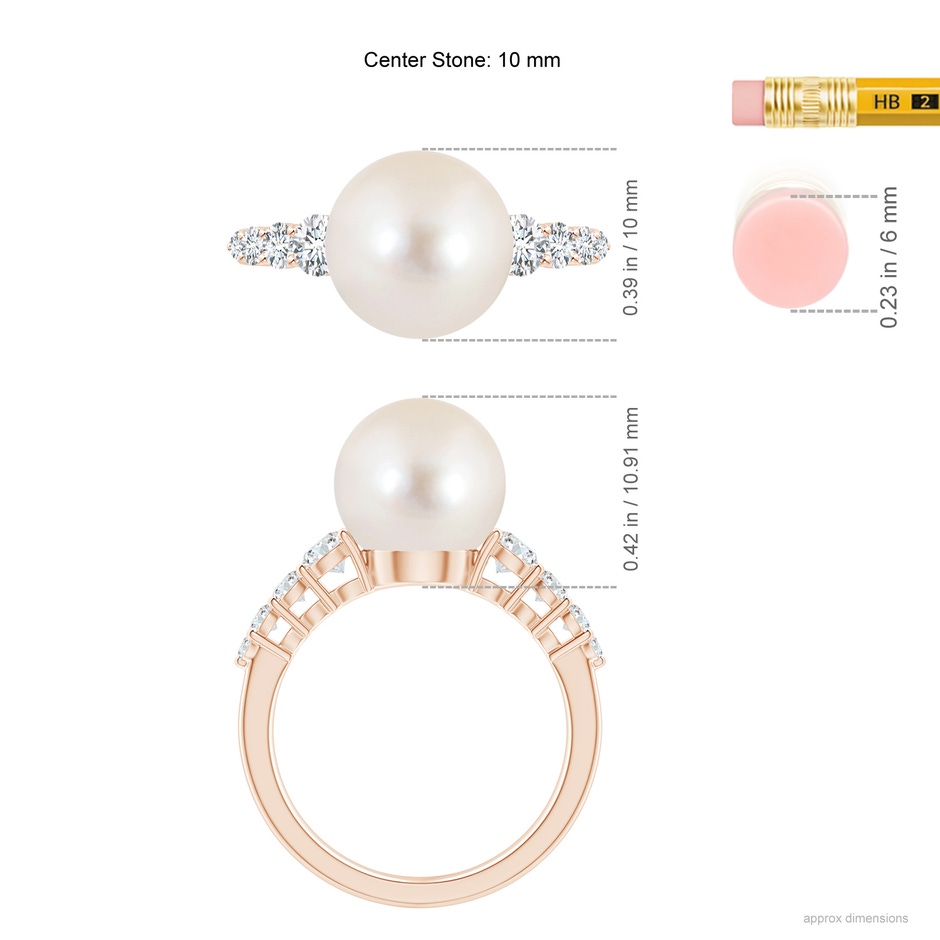 10mm AAAA Freshwater Pearl Ring with Graduated Diamonds in Rose Gold ruler