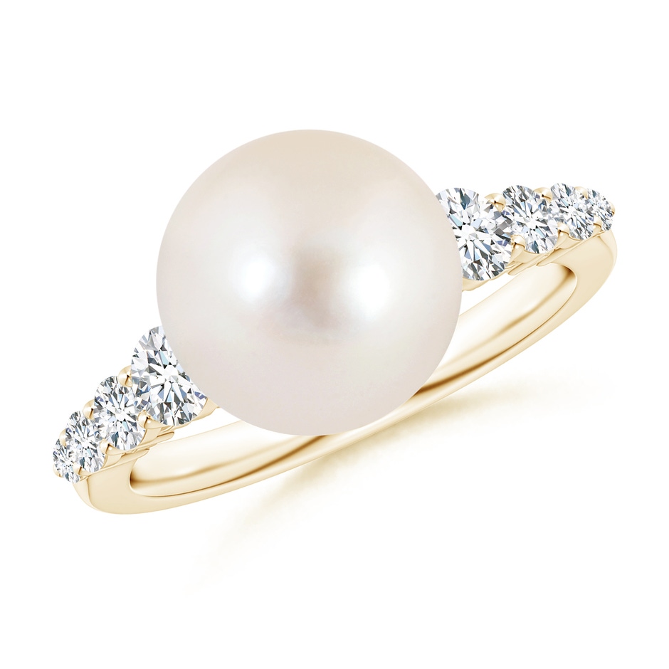 10mm AAAA Freshwater Pearl Ring with Graduated Diamonds in Yellow Gold 