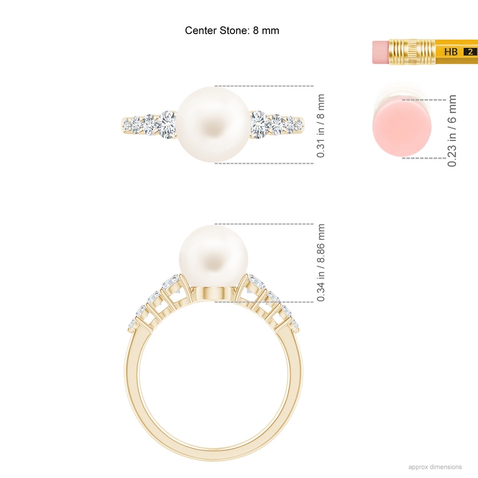 8mm AA Freshwater Pearl Ring with Graduated Diamonds in Yellow Gold ruler