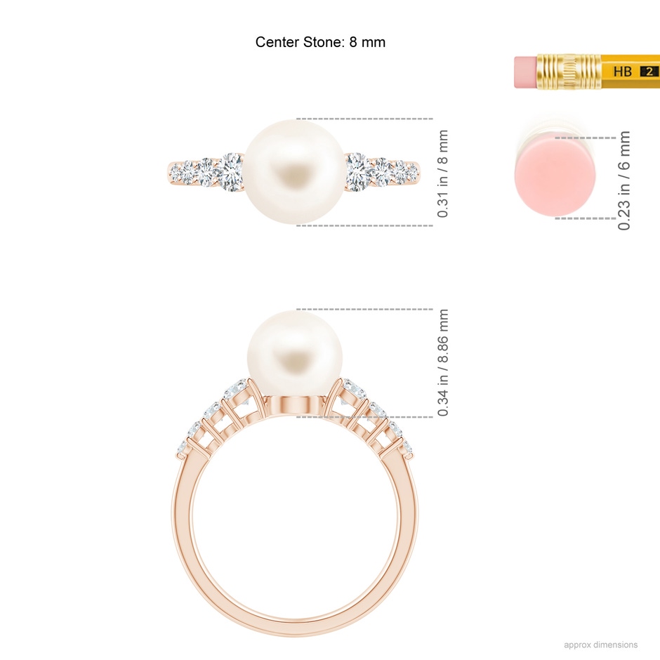 8mm AAA Freshwater Pearl Ring with Graduated Diamonds in Rose Gold ruler