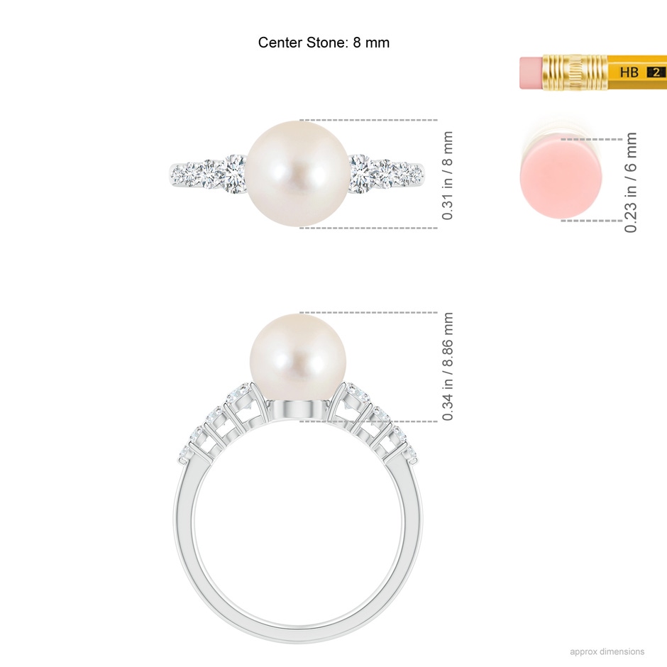 8mm AAAA Freshwater Pearl Ring with Graduated Diamonds in White Gold ruler