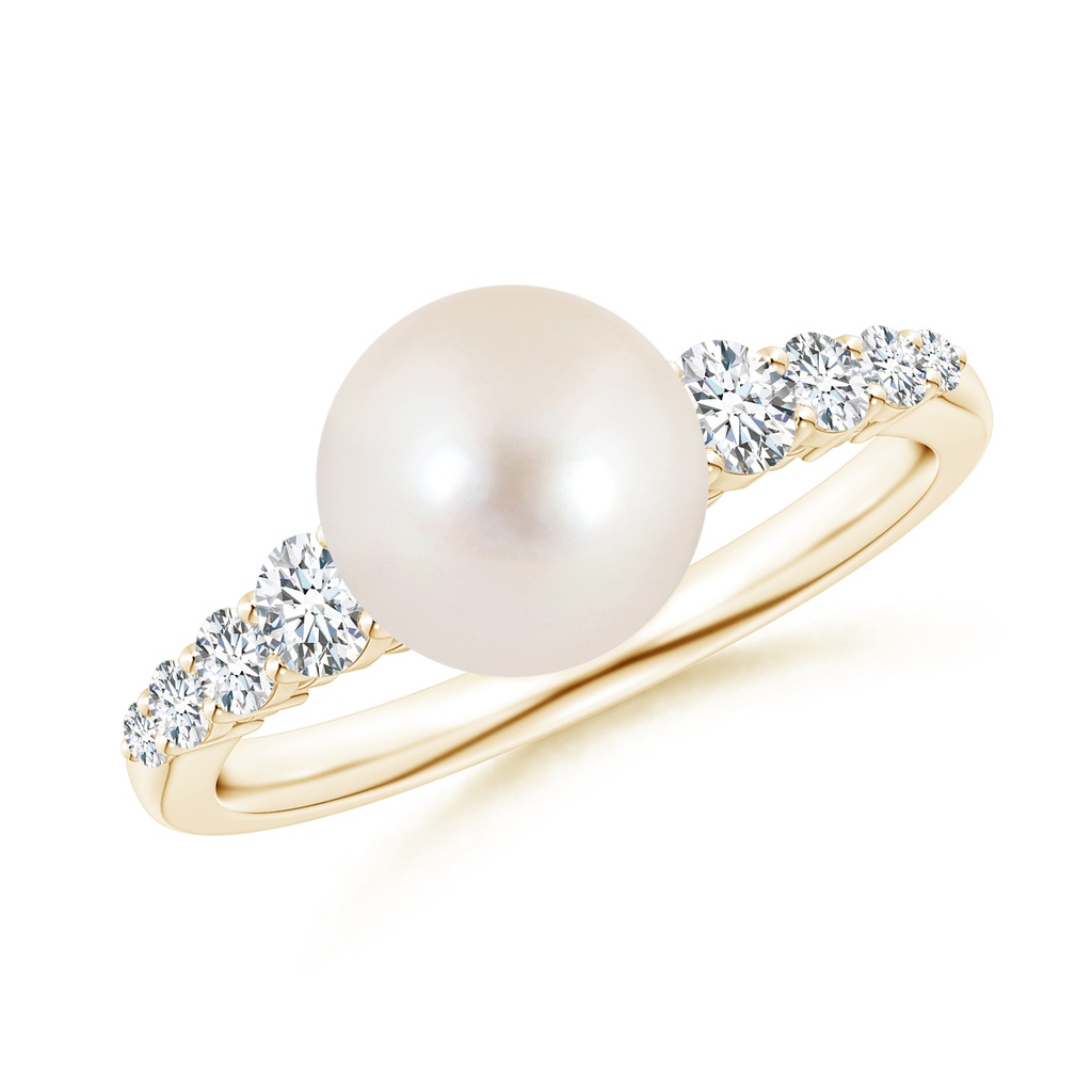 8mm AAAA Freshwater Pearl Ring with Graduated Diamonds in Yellow Gold