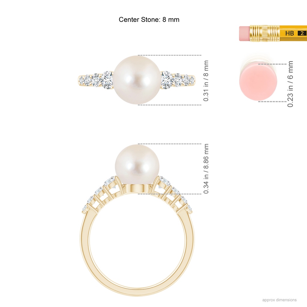 8mm AAAA Freshwater Pearl Ring with Graduated Diamonds in Yellow Gold Ruler