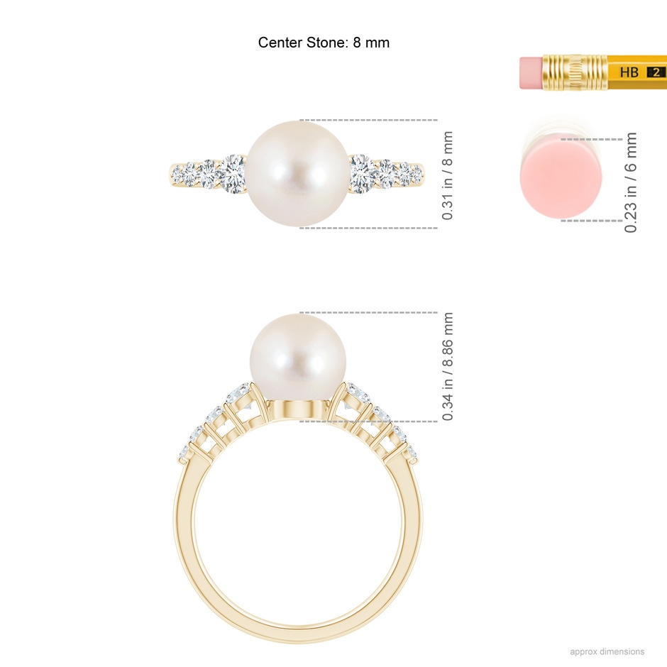 8mm AAAA Freshwater Pearl Ring with Graduated Diamonds in Yellow Gold ruler