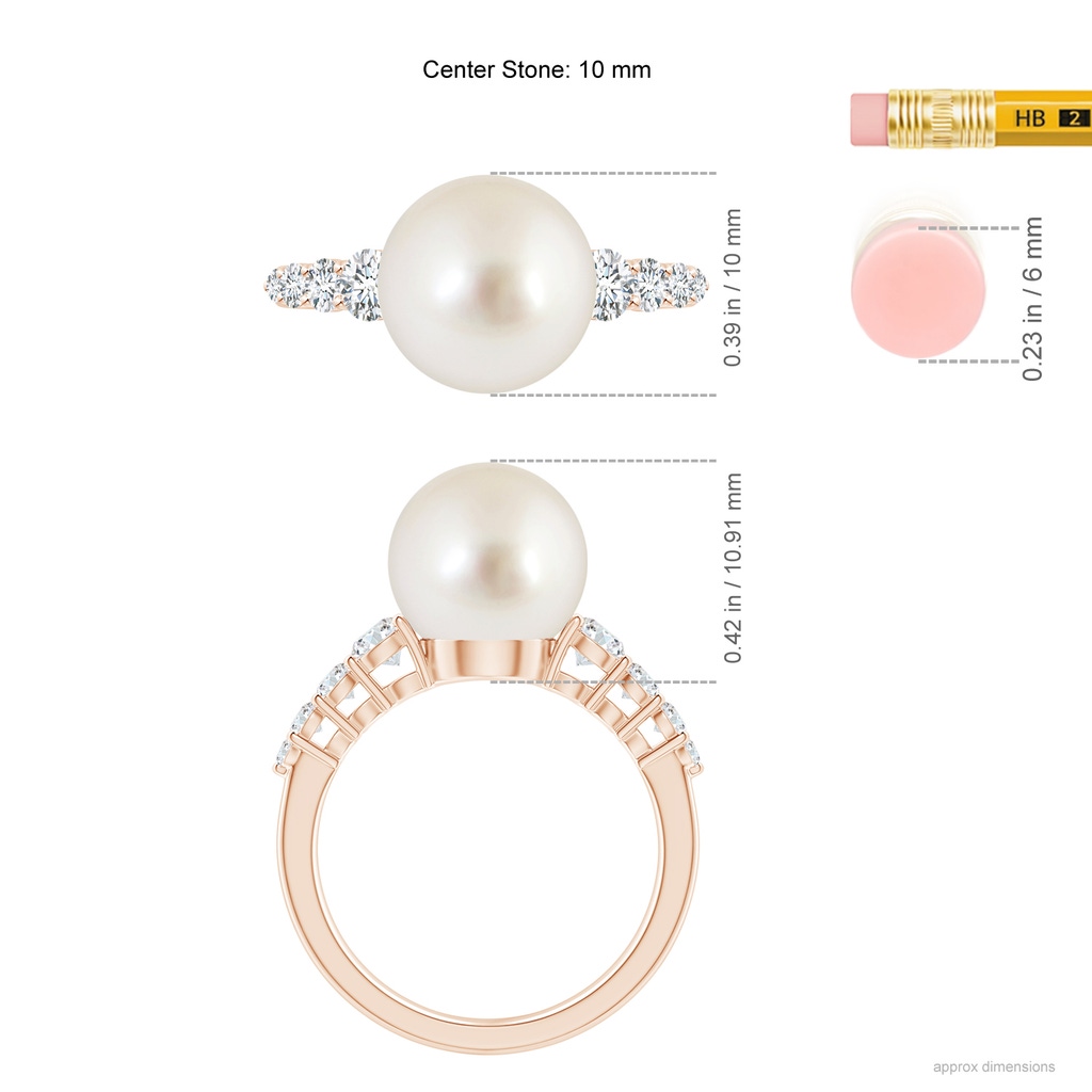 10mm AAAA South Sea Pearl Ring with Graduated Diamonds in Rose Gold Ruler