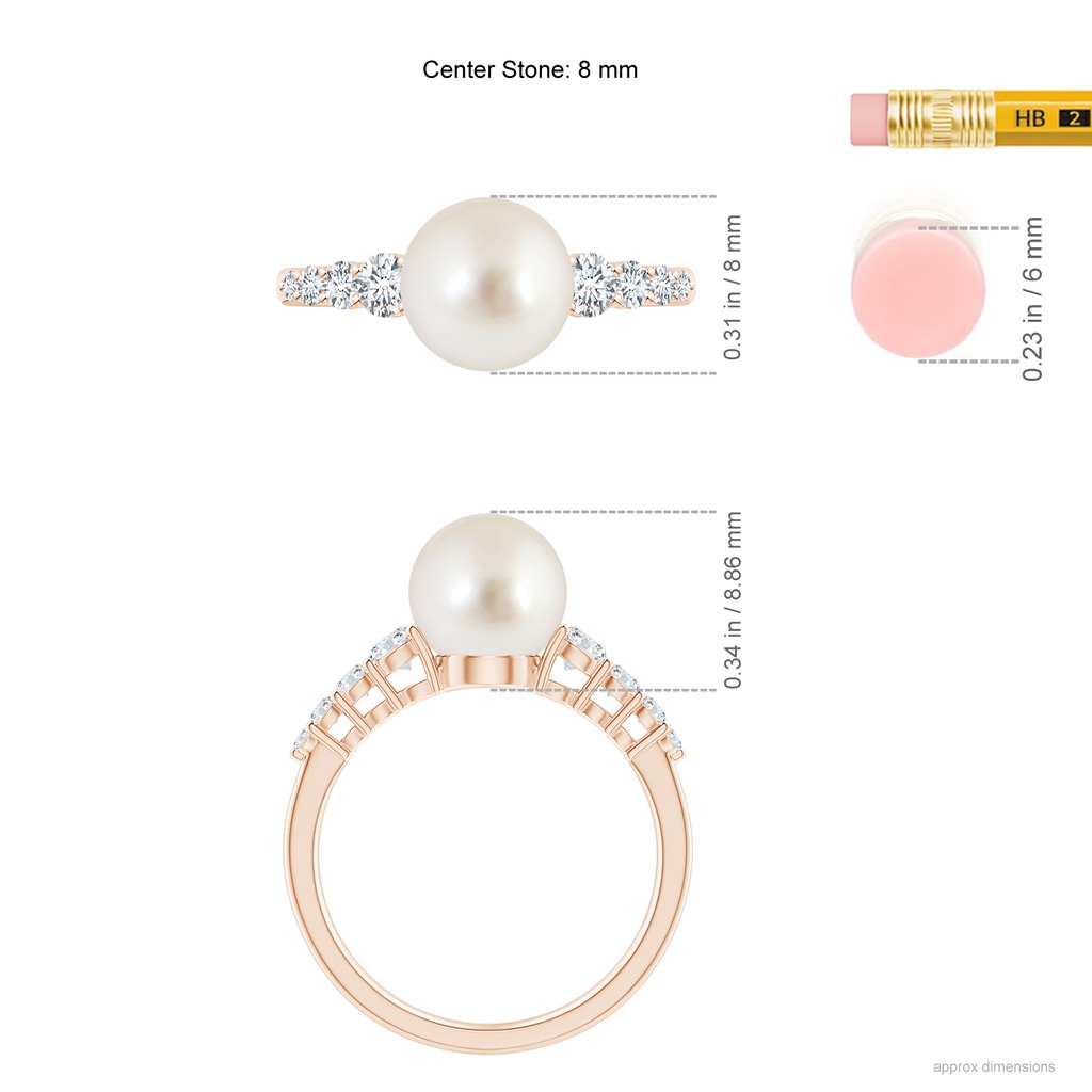 8mm AAAA South Sea Pearl Ring with Graduated Diamonds in Rose Gold Ruler