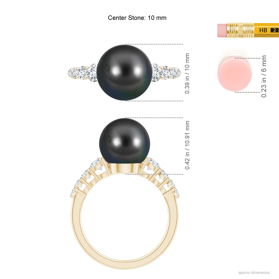 10mm AA Tahitian Pearl Ring with Graduated Diamonds in Yellow Gold ruler