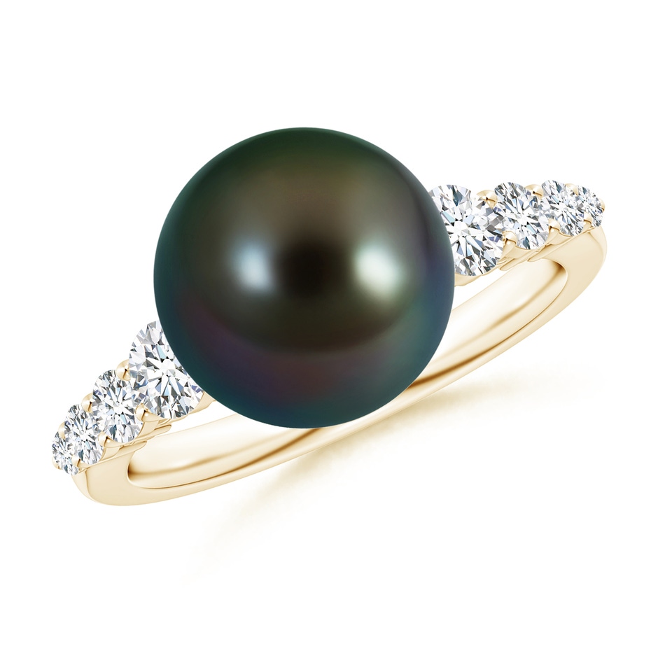 10mm AAAA Tahitian Pearl Ring with Graduated Diamonds in Yellow Gold 