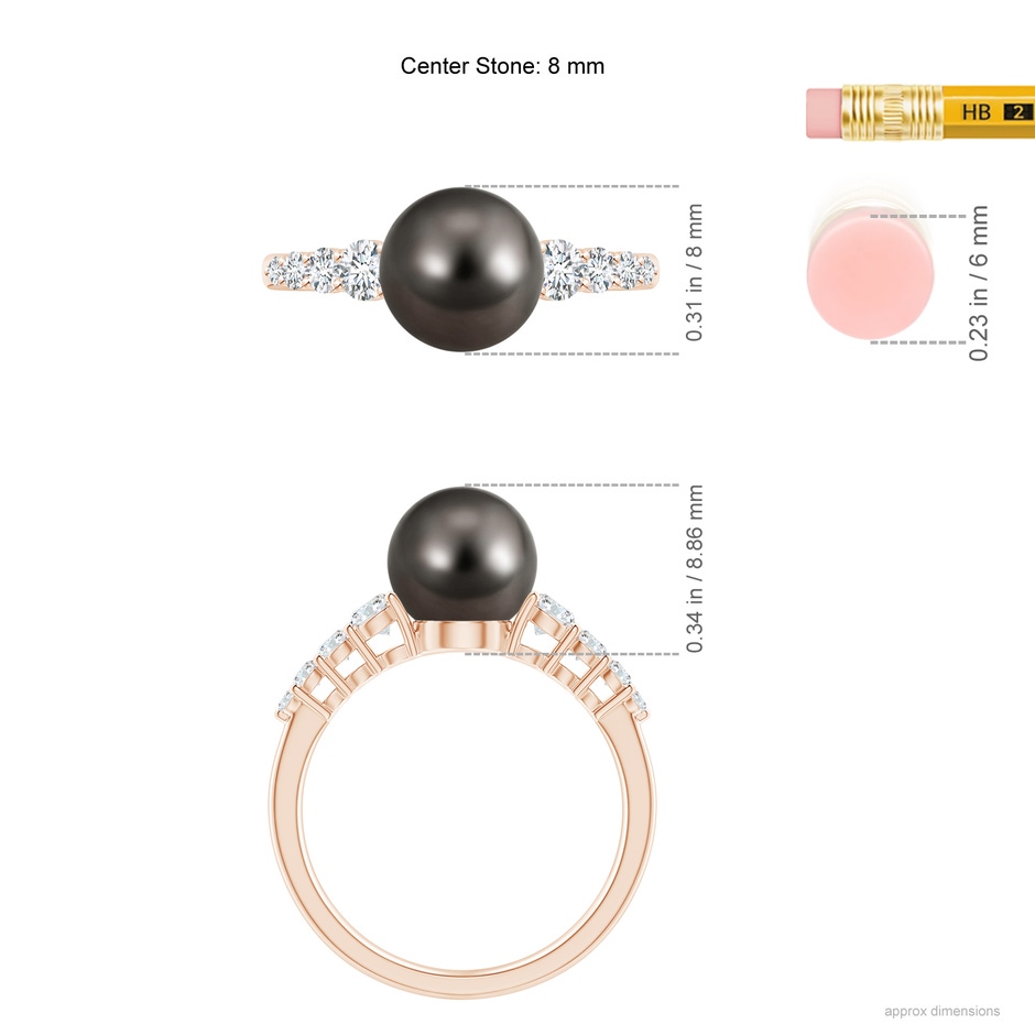 8mm AAA Tahitian Pearl Ring with Graduated Diamonds in Rose Gold ruler
