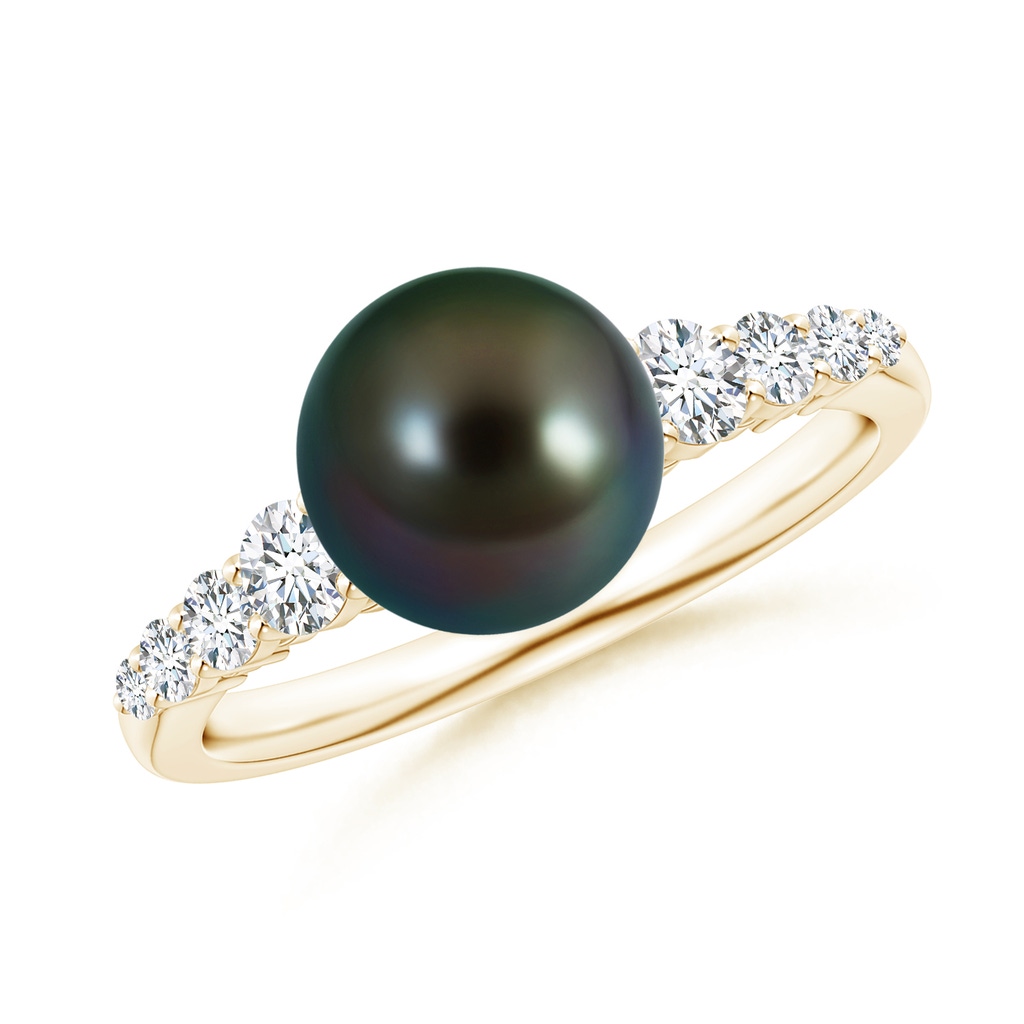 8mm AAAA Tahitian Pearl Ring with Graduated Diamonds in Yellow Gold