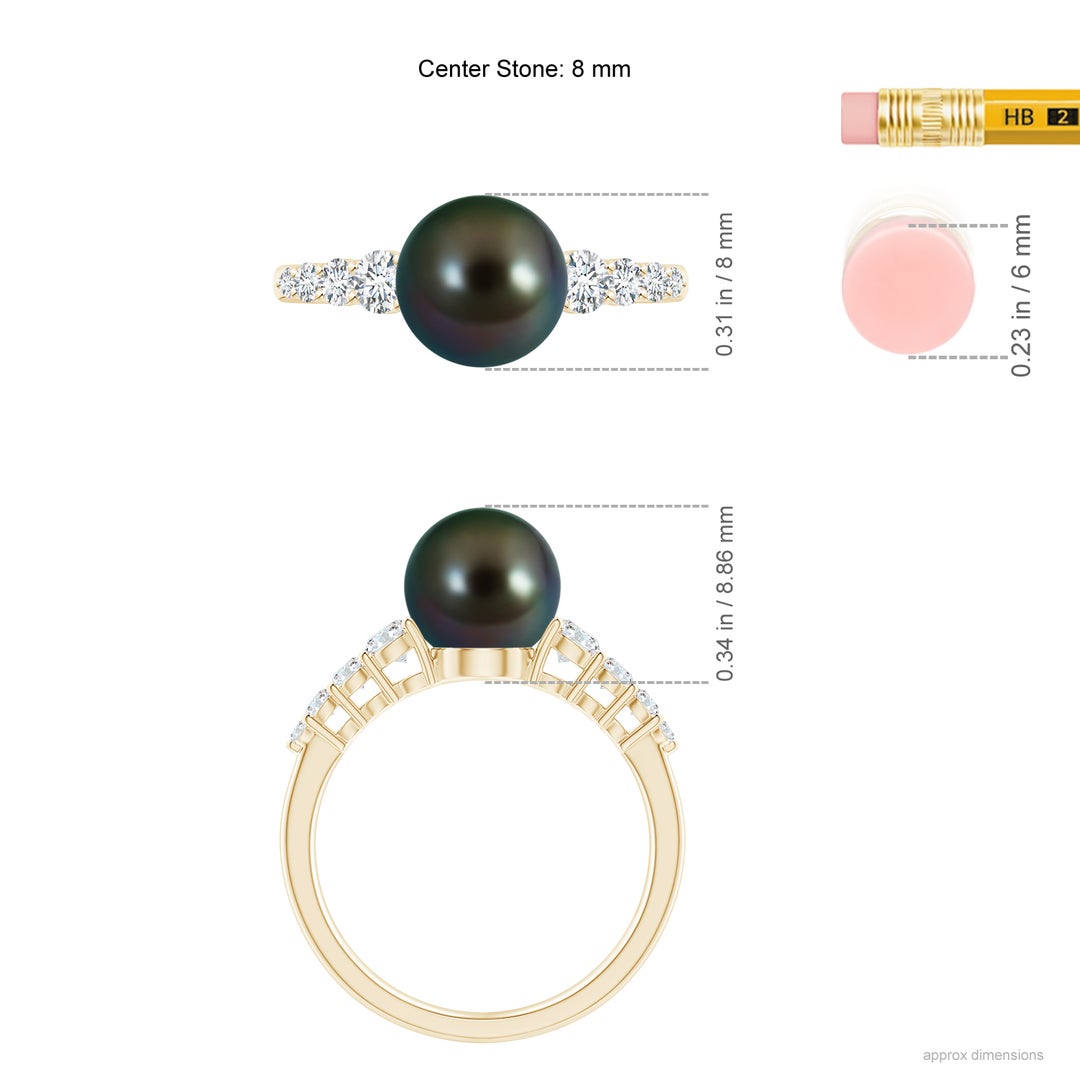 8mm AAAA Tahitian Pearl Ring with Graduated Diamonds in Yellow Gold - ruler