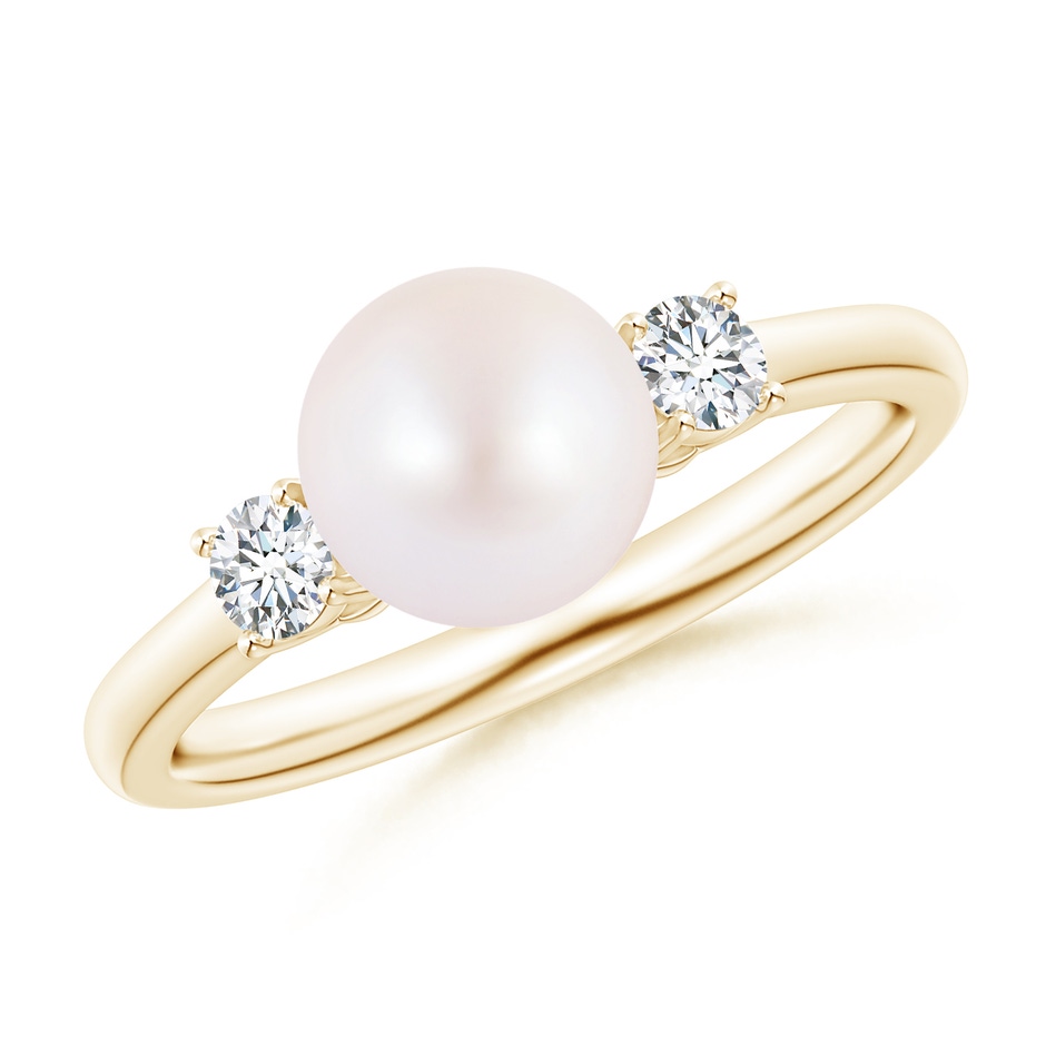 7mm AA Japanese Akoya Pearl Ring with Prong-Set Diamonds in Yellow Gold 