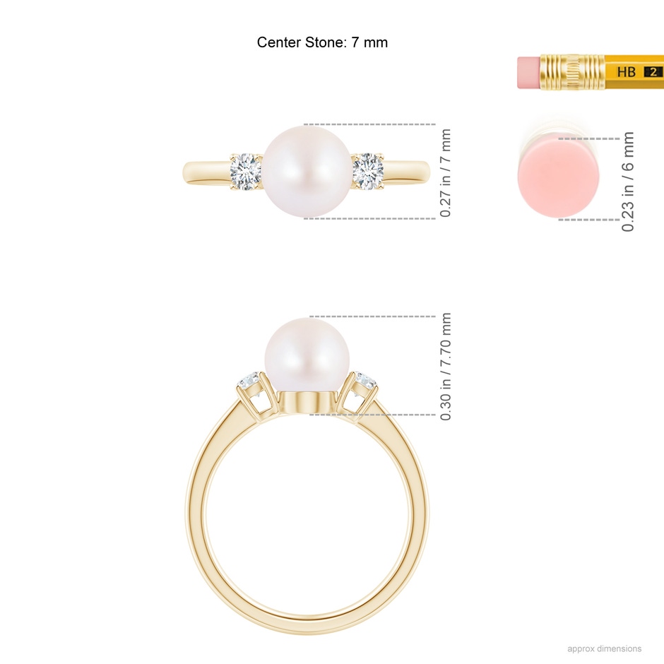 7mm AA Japanese Akoya Pearl Ring with Prong-Set Diamonds in Yellow Gold ruler