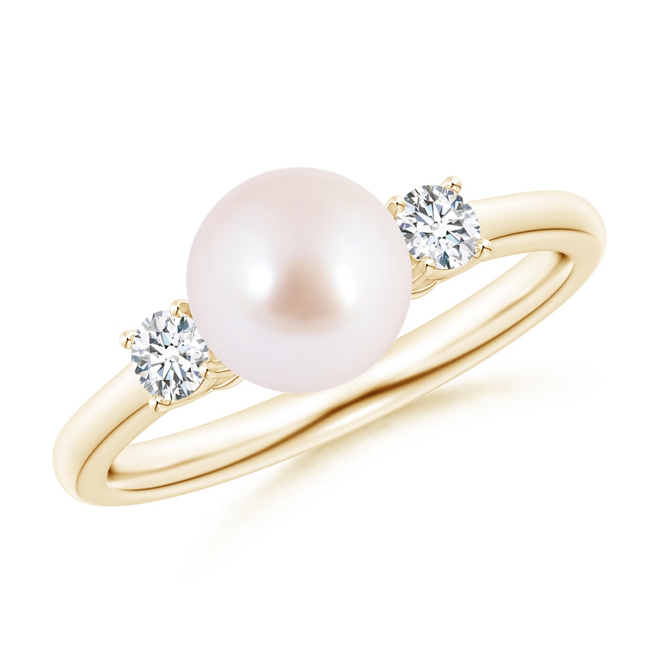 7mm AAA Japanese Akoya Pearl Ring with Prong-Set Diamonds in Yellow Gold 