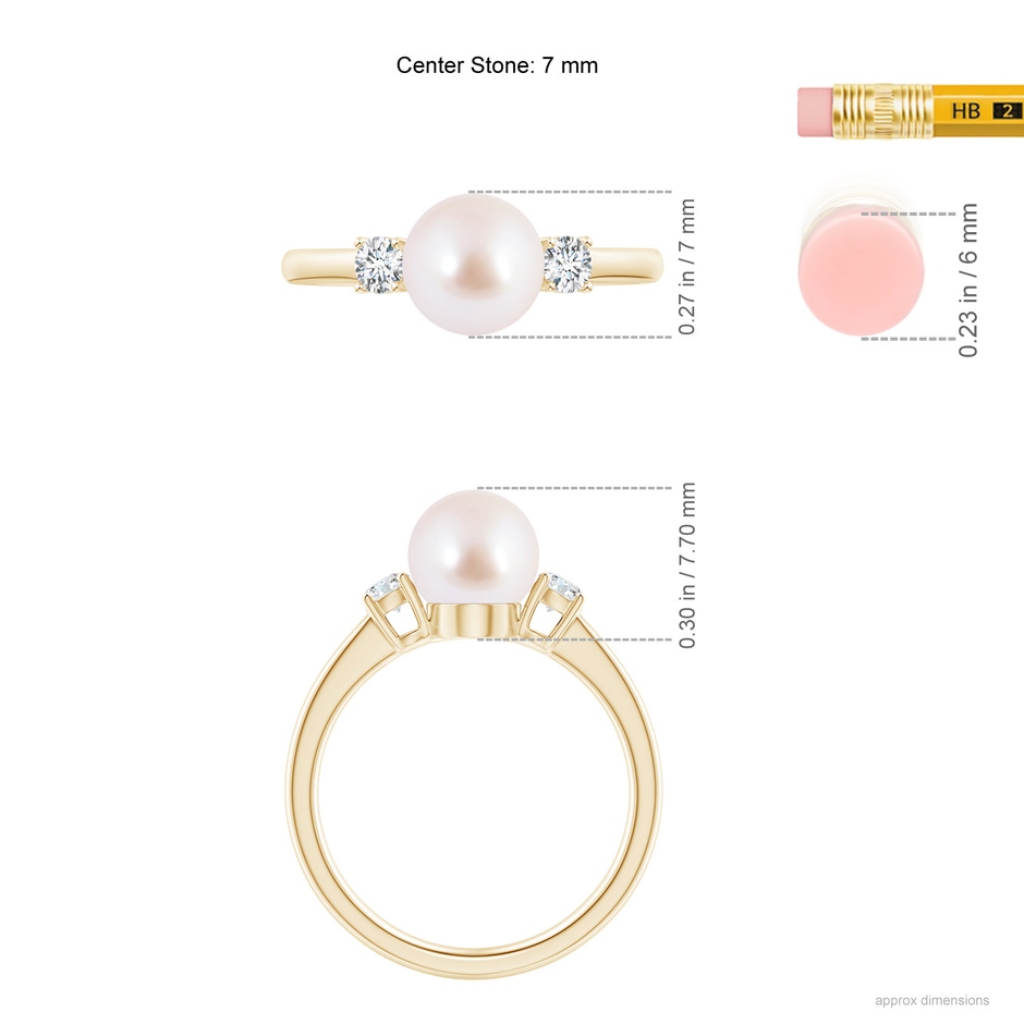 7mm AAA Japanese Akoya Pearl Ring with Prong-Set Diamonds in Yellow Gold ruler