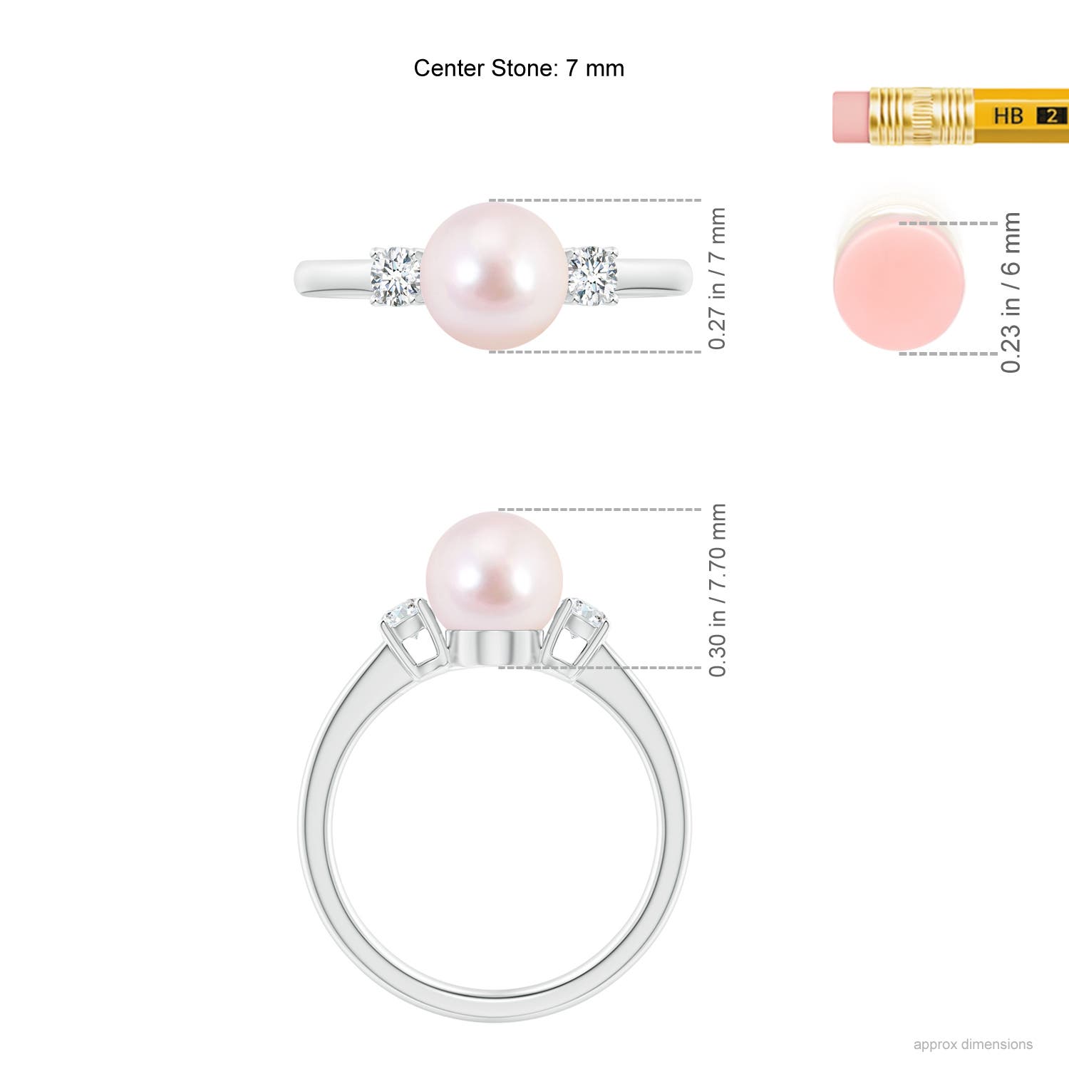 7mm AAAA Japanese Akoya Pearl Ring with Prong-Set Diamonds in White Gold - ruler