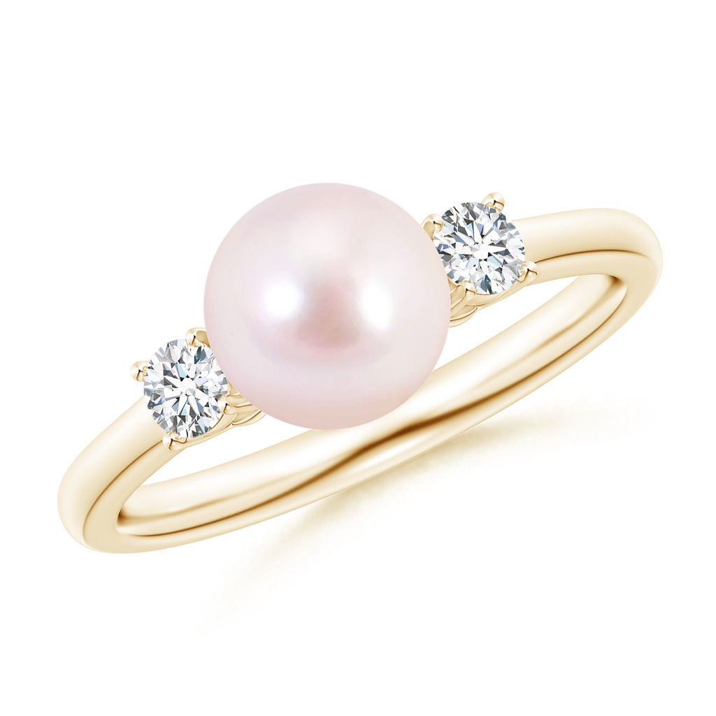 7mm AAAA Japanese Akoya Pearl Ring with Prong-Set Diamonds in Yellow Gold