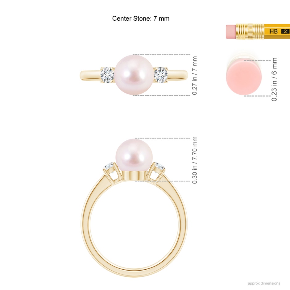 7mm AAAA Japanese Akoya Pearl Ring with Prong-Set Diamonds in Yellow Gold ruler