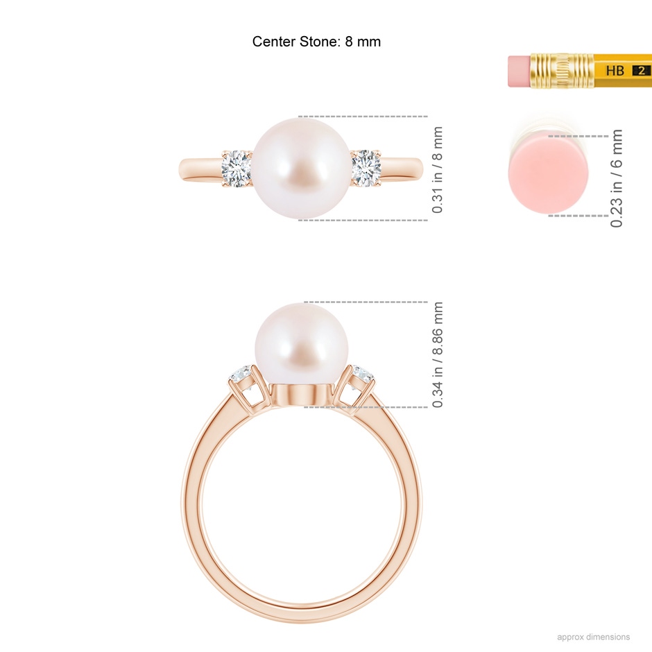 8mm AAA Japanese Akoya Pearl Ring with Prong-Set Diamonds in Rose Gold ruler