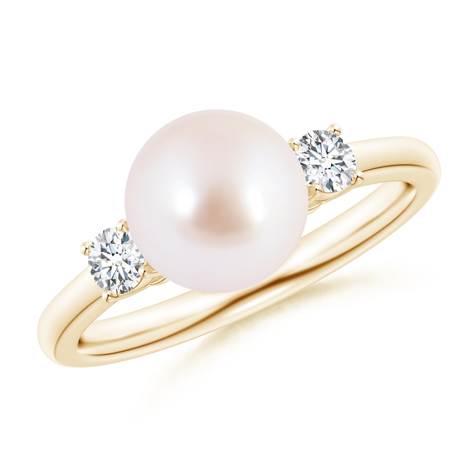 8mm AAA Japanese Akoya Pearl Ring with Prong-Set Diamonds in Yellow Gold 