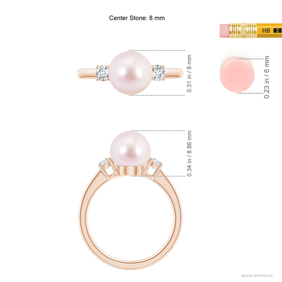8mm AAAA Japanese Akoya Pearl Ring with Prong-Set Diamonds in Rose Gold ruler