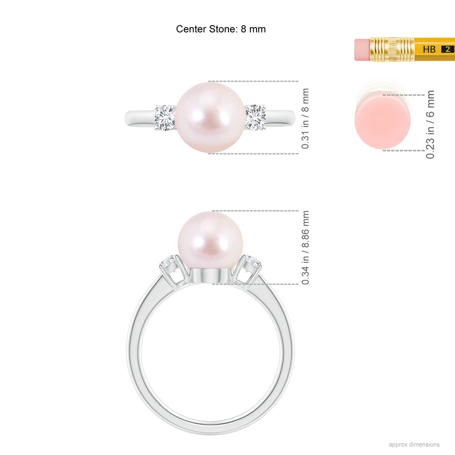 8mm AAAA Japanese Akoya Pearl Ring with Prong-Set Diamonds in White Gold ruler