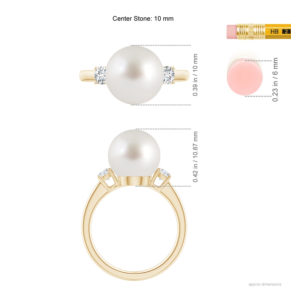 10mm AAA South Sea Pearl Ring with Prong-Set Diamonds in Yellow Gold ruler