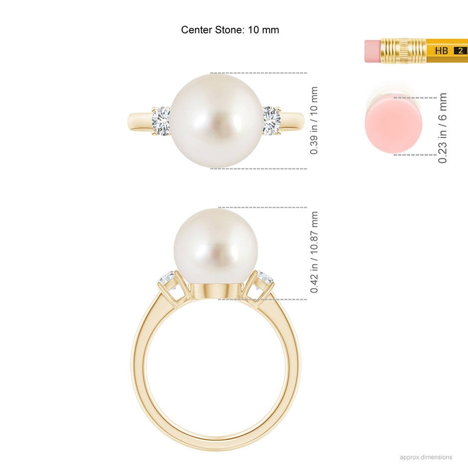 10mm AAAA South Sea Pearl Ring with Prong-Set Diamonds in Yellow Gold ruler