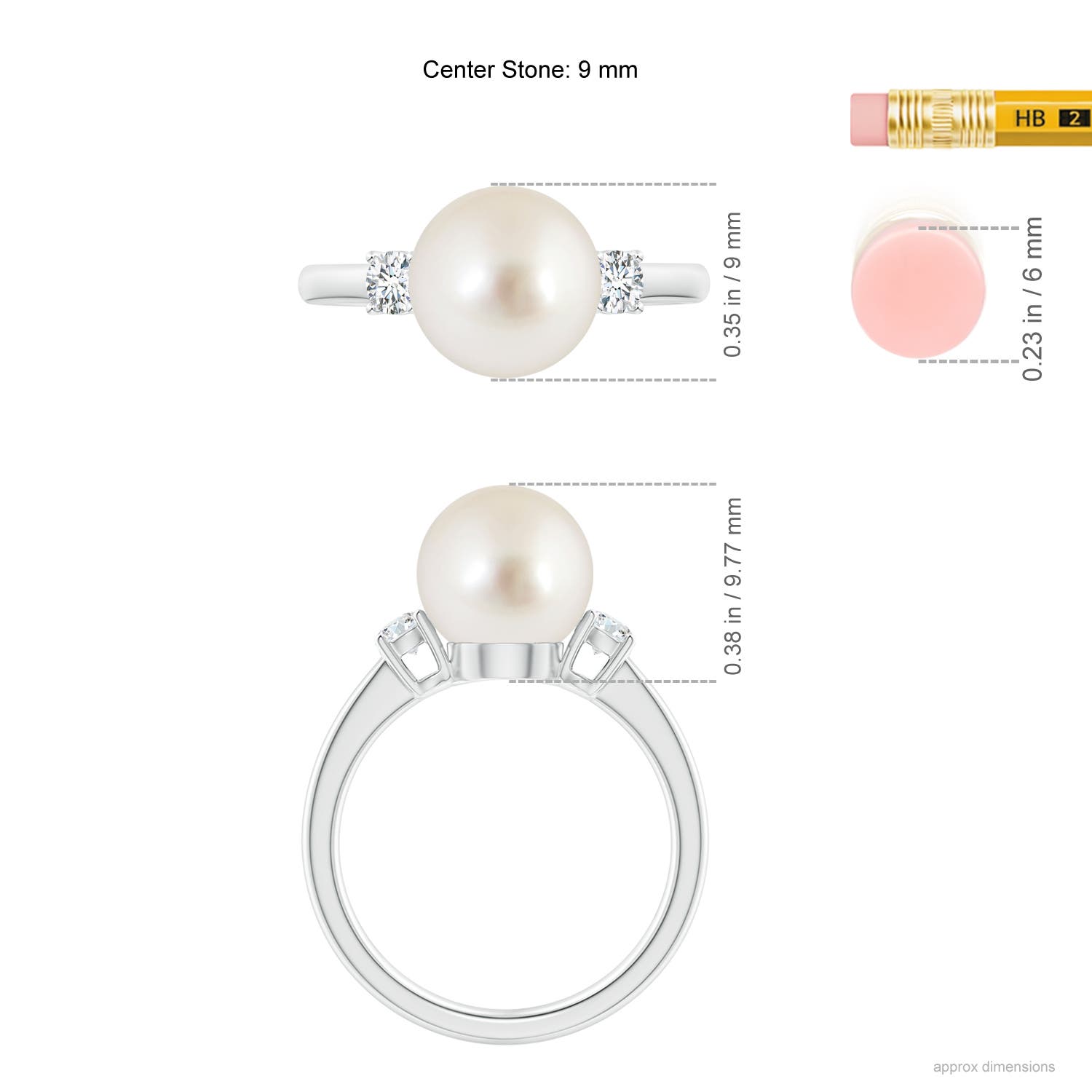 9mm AAAA South Sea Pearl Ring with Prong-Set Diamonds in White Gold - ruler