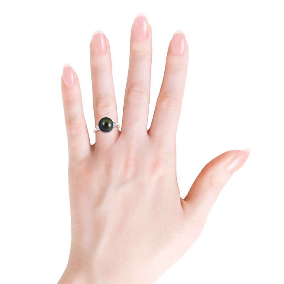 10mm AAAA Tahitian Pearl Ring with Prong-Set Diamonds in Rose Gold body-hand