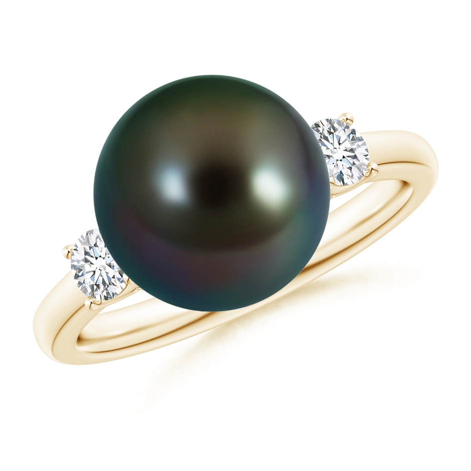 10mm AAAA Tahitian Pearl Ring with Prong-Set Diamonds in Yellow Gold 