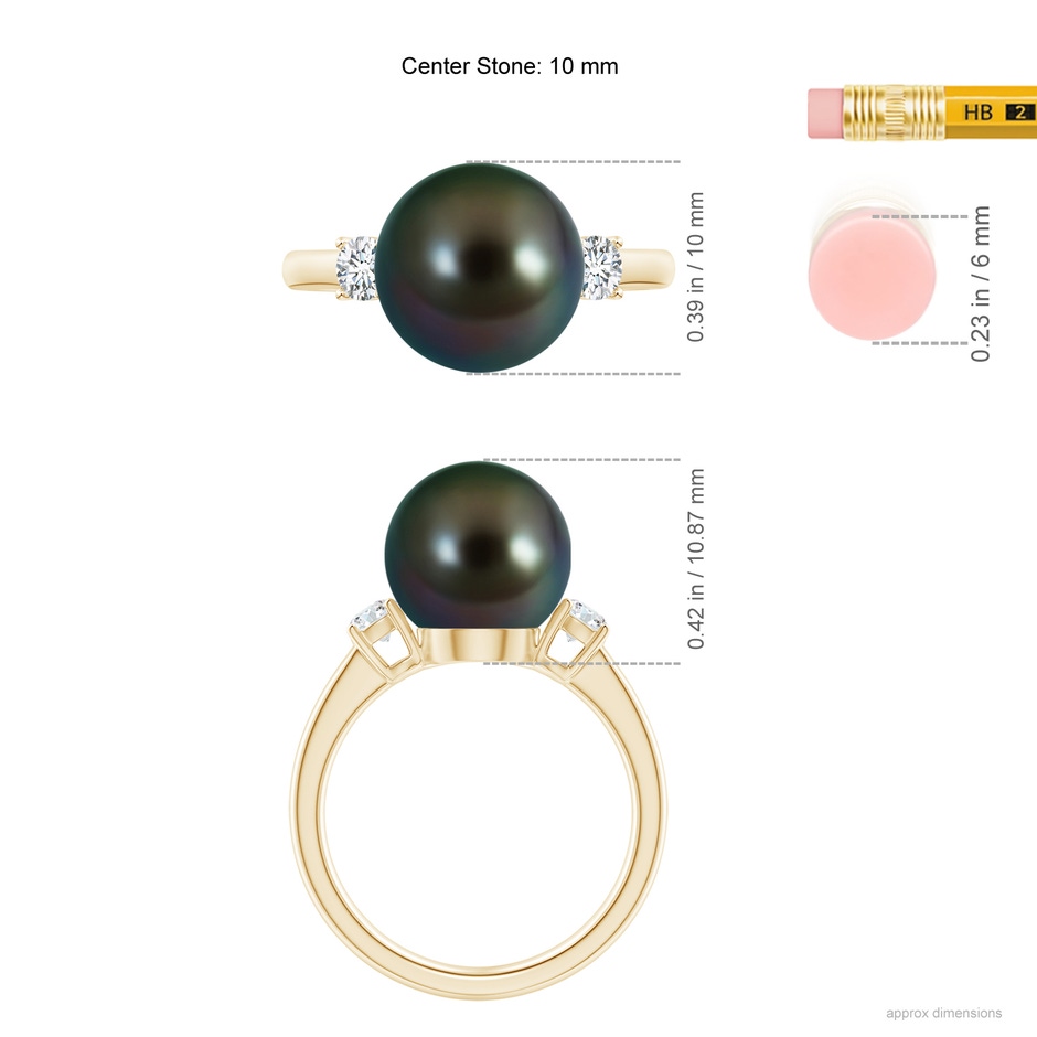 10mm AAAA Tahitian Pearl Ring with Prong-Set Diamonds in Yellow Gold ruler