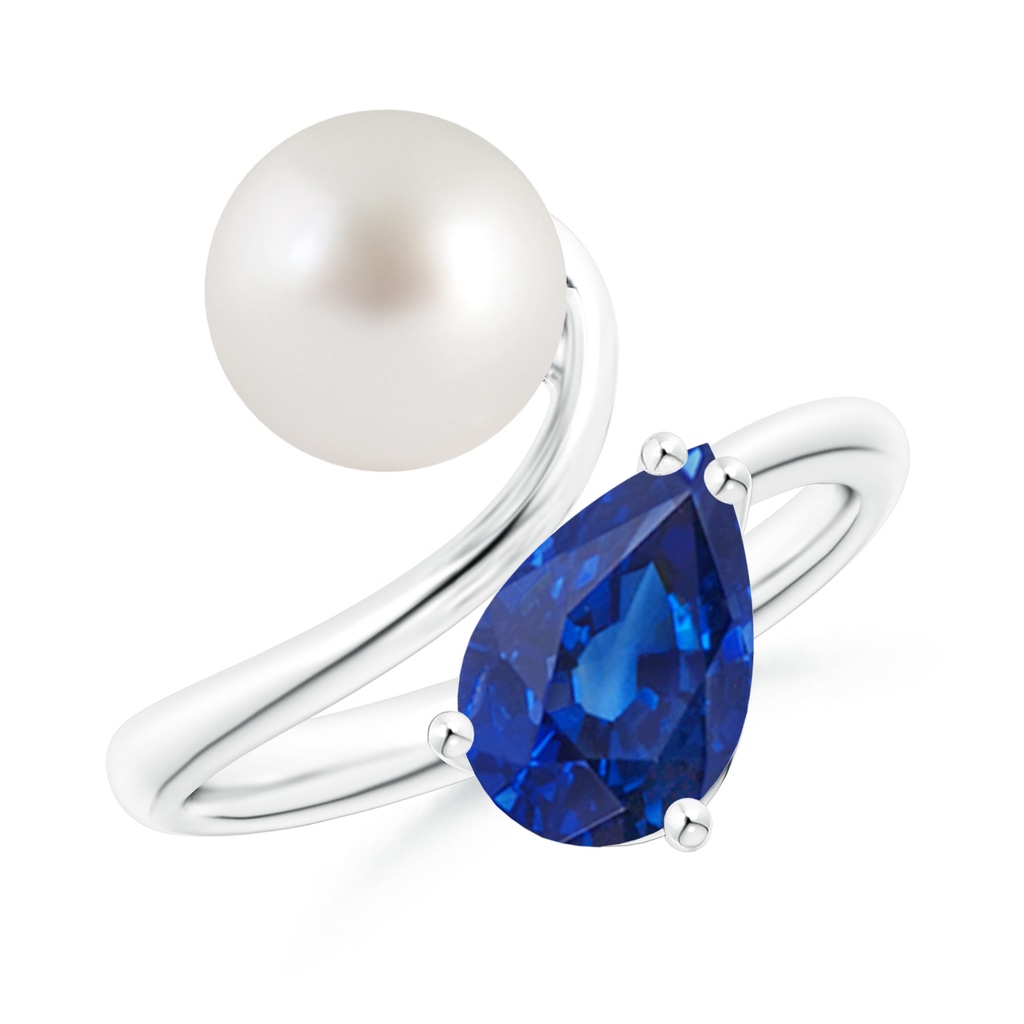 8mm AAA South Sea Pearl and Pear-Shaped Sapphire Ring in White Gold