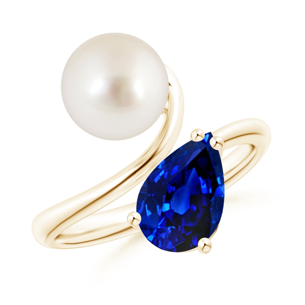 8mm AAAA South Sea Pearl and Pear-Shaped Sapphire Ring in Yellow Gold