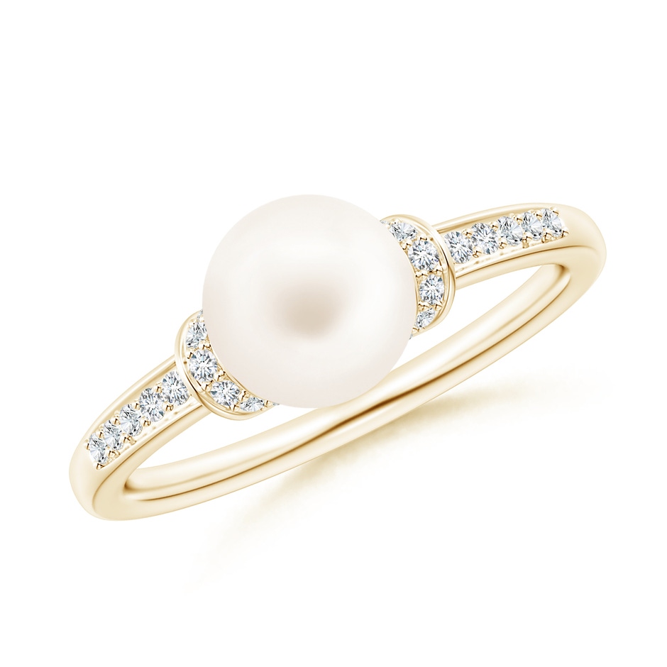 7mm AA Freshwater Pearl Ring with Diamond Collar in Yellow Gold 