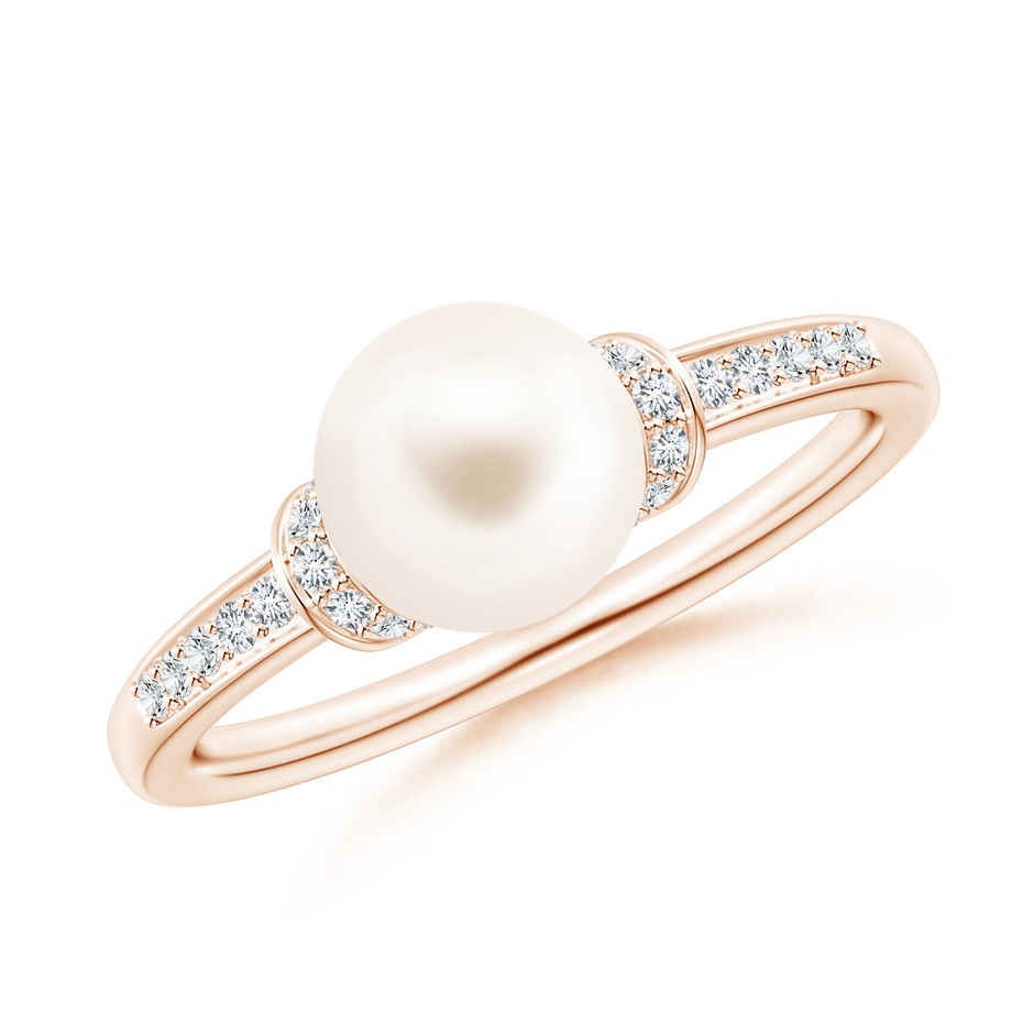 7mm AAA Freshwater Pearl Ring with Diamond Collar in Rose Gold 