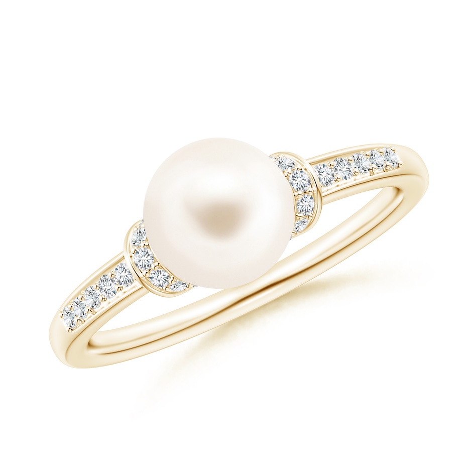 7mm AAA Freshwater Pearl Ring with Diamond Collar in Yellow Gold 